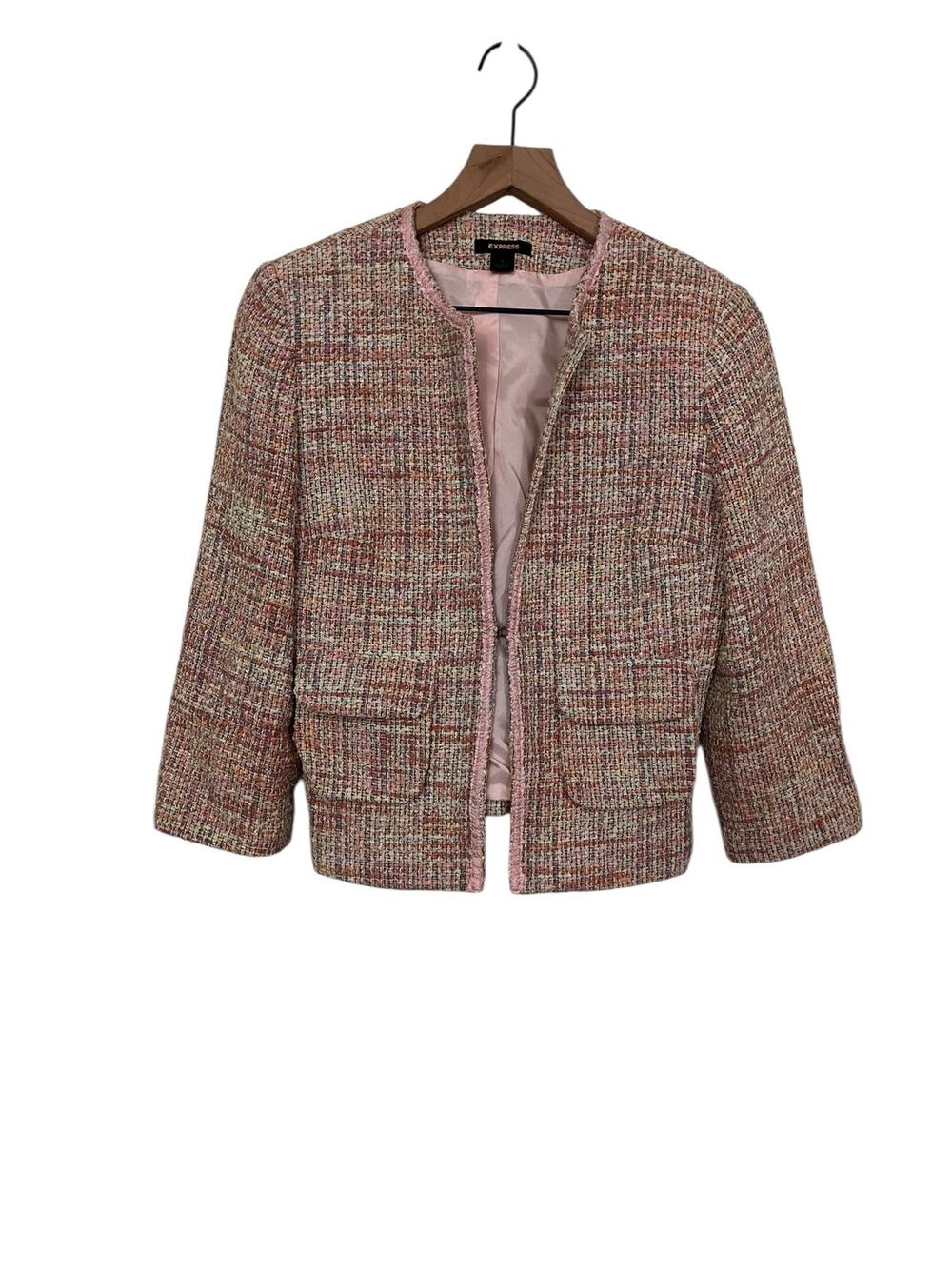Express Pink Multi Tweed Cropped Jacket Blazer Women's Size 8 Preppy Office
